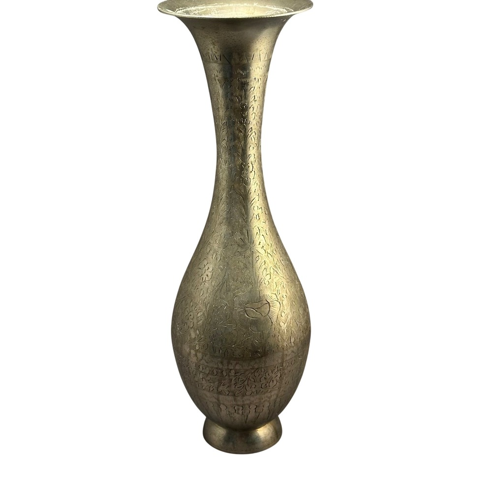 Vintage Metal Vase Etched Floral Design Tall Decorative Accent‎ made in India